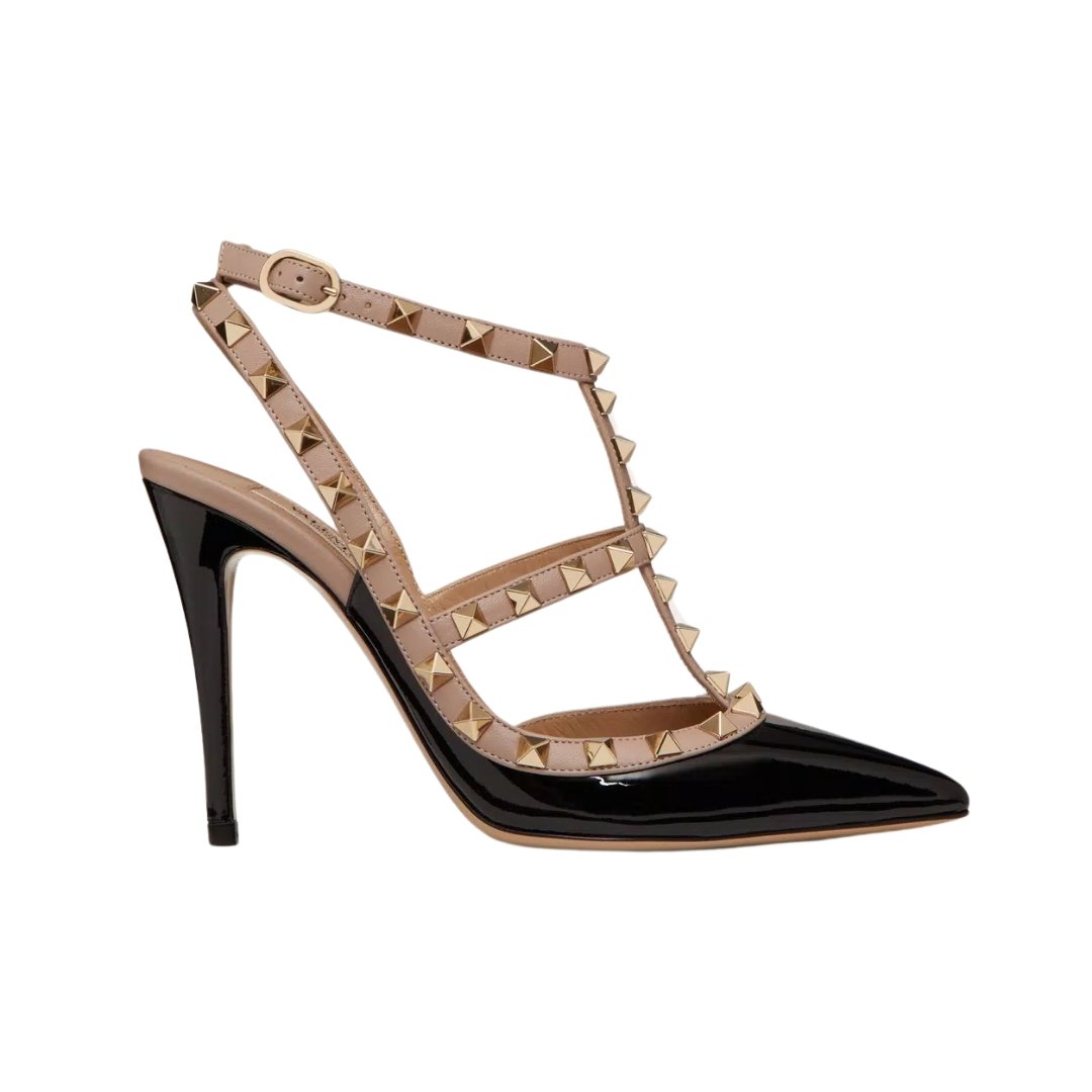 Valentino Rockstud cage pumps in black leather with powder pink straps, 10 cm heel