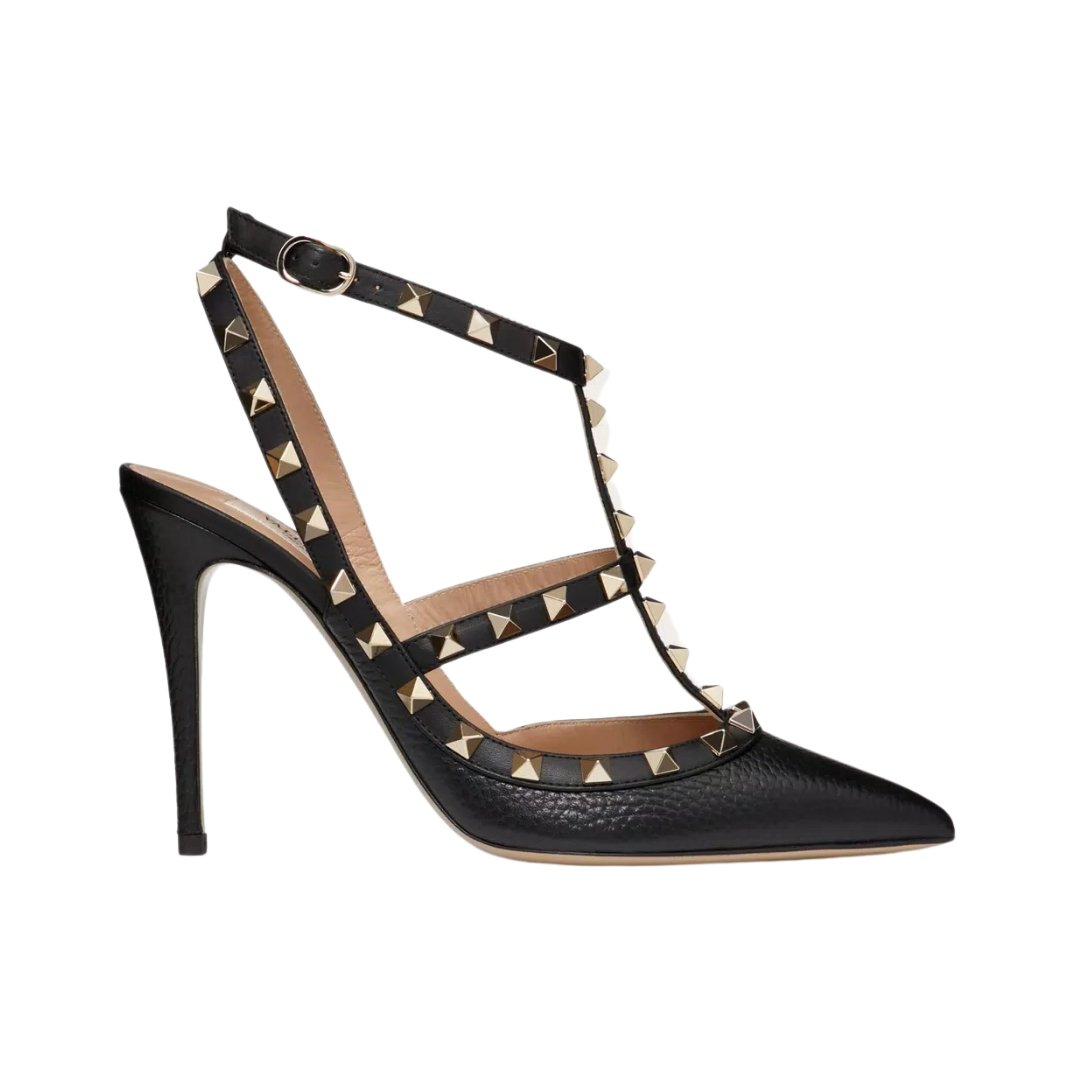 Valentino Rockstud pumps in black leather with heel strap and 10 cm heel