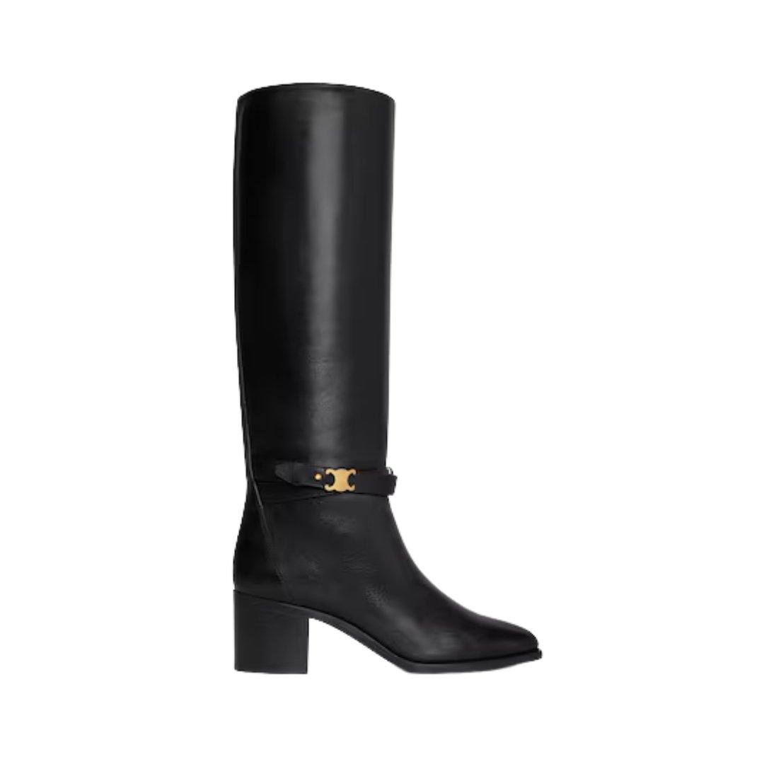 Celine Garance high boots in black calfskin with Triomphe strap
