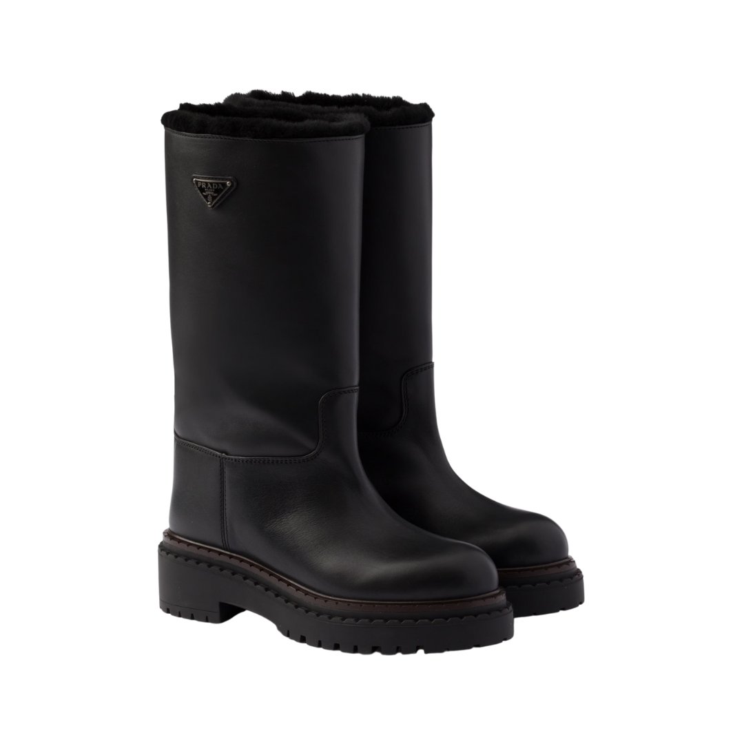 Prada black leather and sheepskin boots