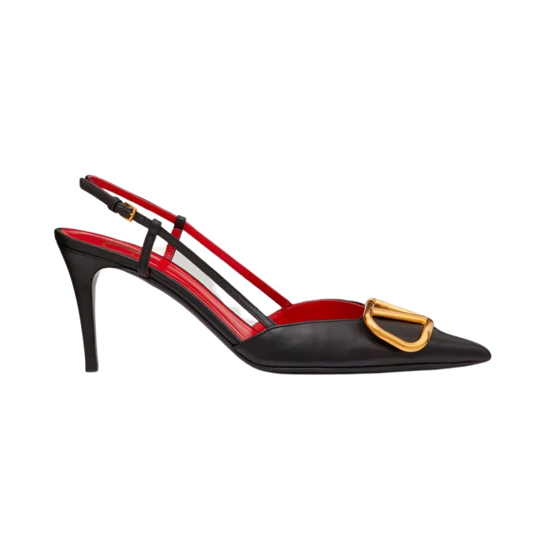 Valentino slingback pumps in black leather with red detail and 8 cm buckle