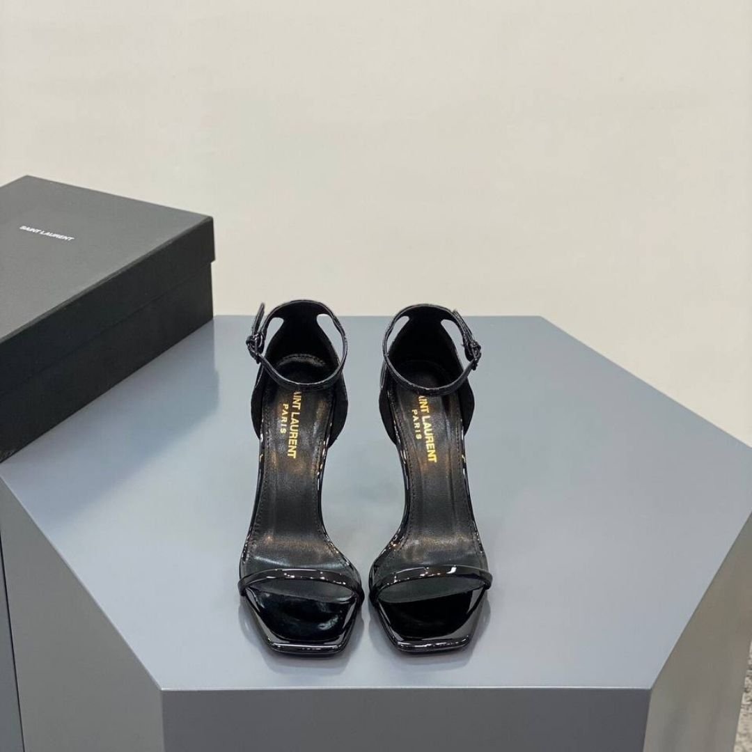 Saint Laurent Opyum Black and Gold 11cm Heeled Sandals - Image 2