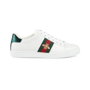 White Gucci Ace sneakers with green detail and embroidered bee