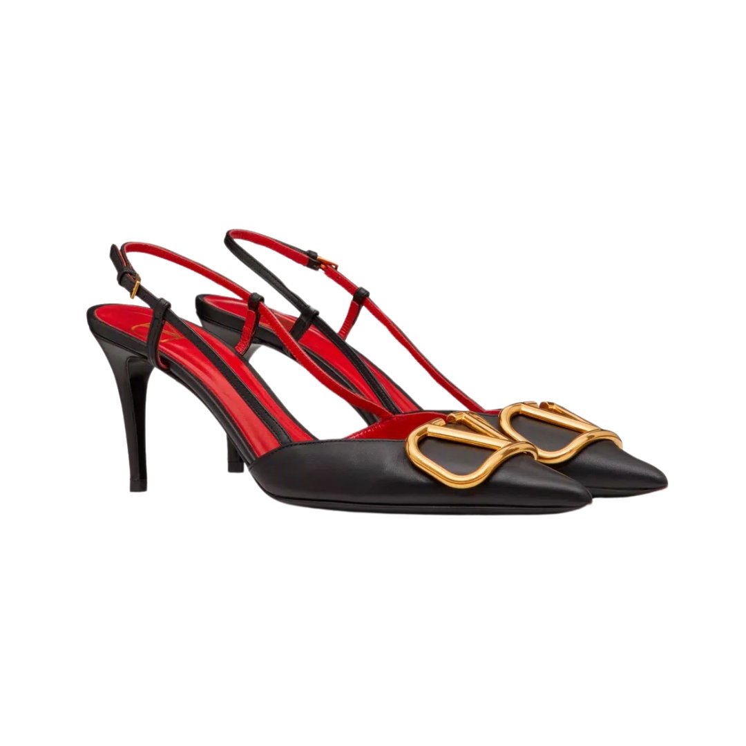 Valentino slingback pumps in black leather with red detail and 8 cm buckle - Image 2