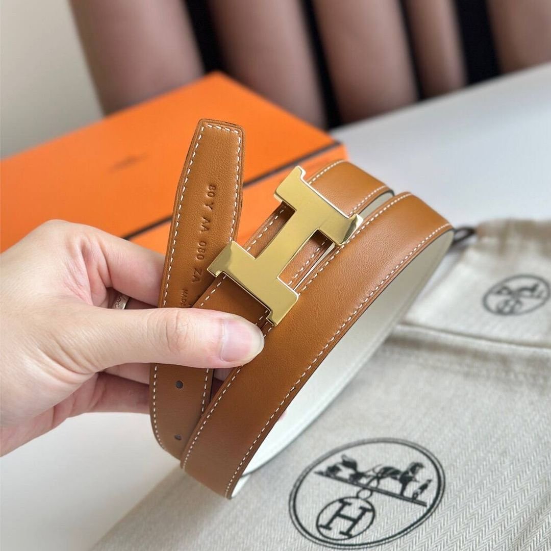 Hermès Mini H Belt Orange/White/Gold 2.5cm - Image 5