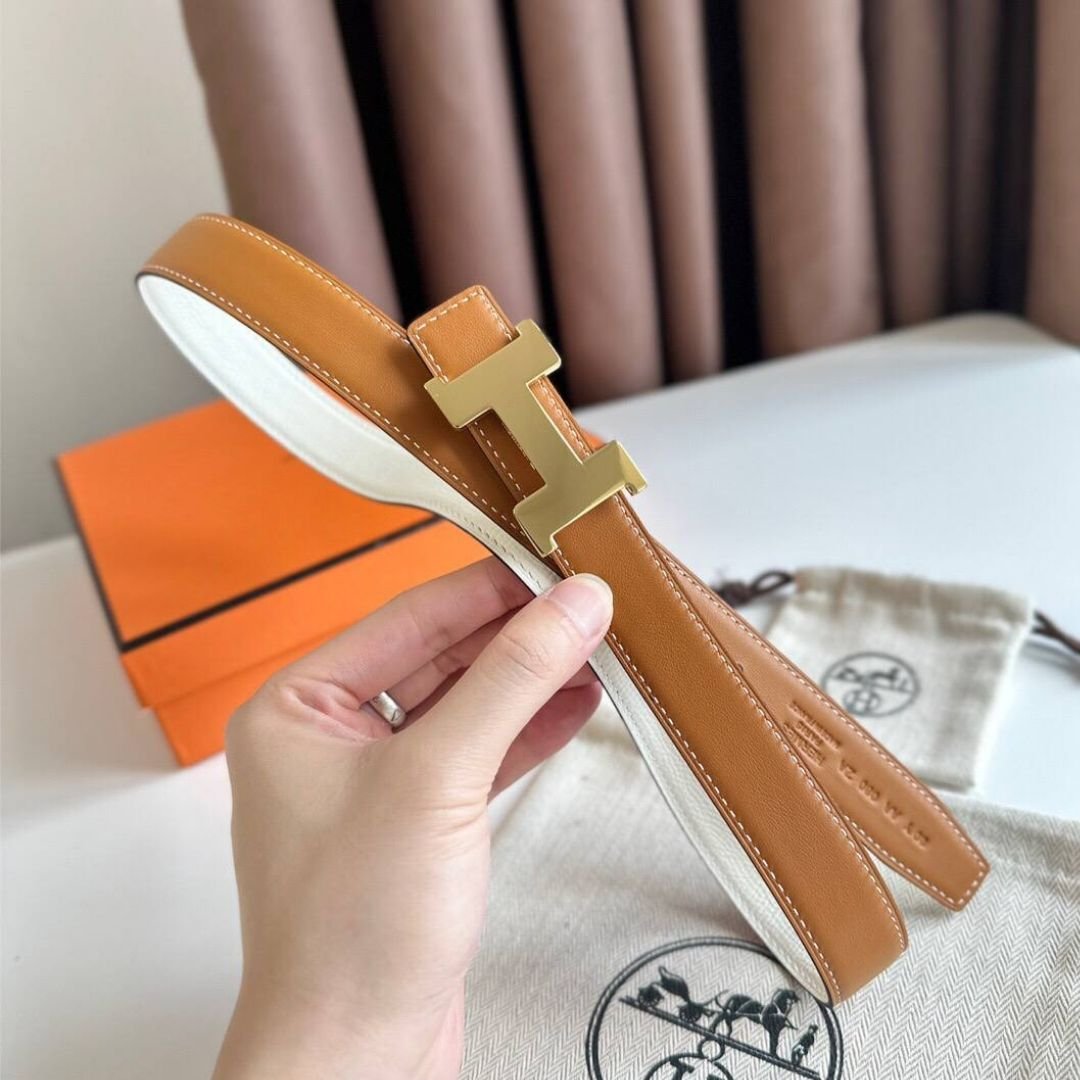 Hermès Mini H Belt Orange/White/Gold 2.5cm - Image 3