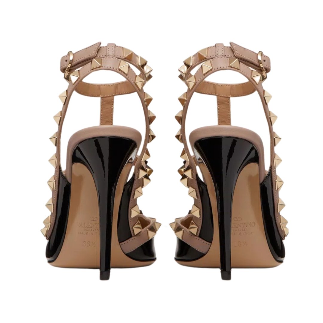 Valentino Rockstud cage pumps in black leather with powder pink straps, 10 cm heel - Image 3