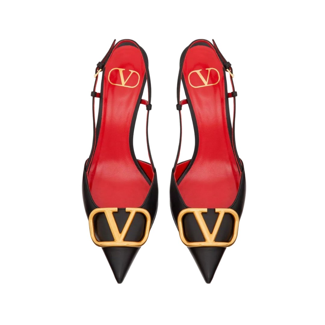 Valentino slingback pumps in black leather with red detail and 8 cm buckle - Image 4
