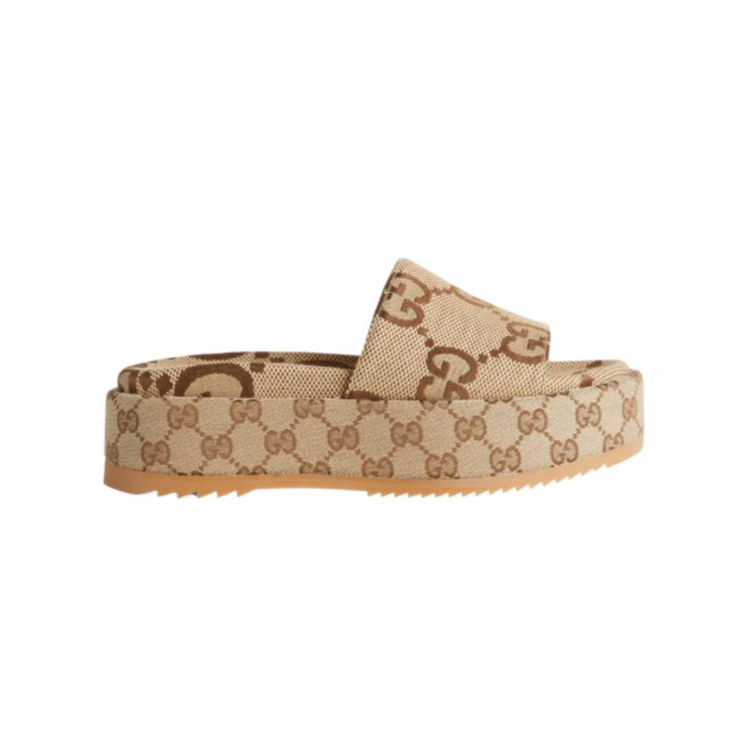 Gucci platform sandals in beige GG fabric and brown sole