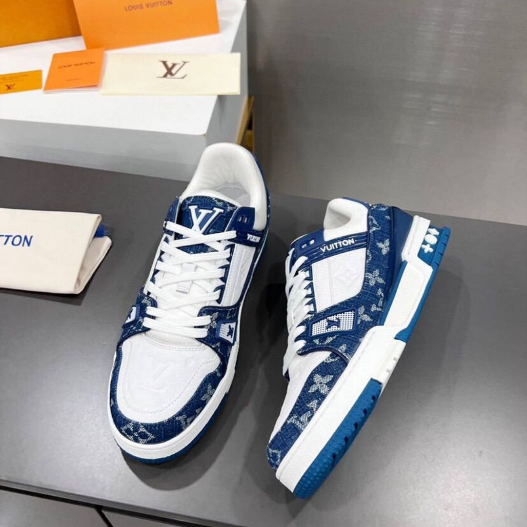 Louis Vuitton Trainer sneakers in blue denim and white leather - Image 2