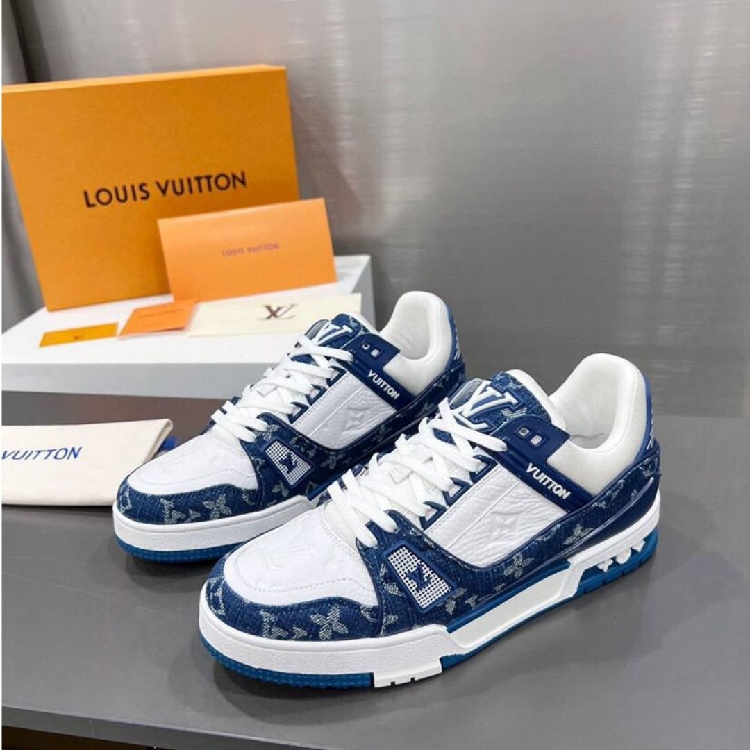 Louis Vuitton Trainer sneakers in blue denim and white leather - Image 4
