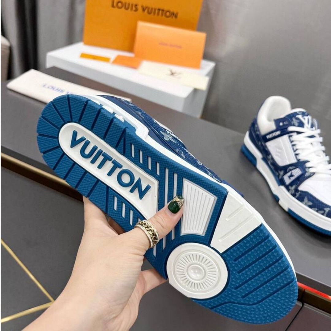 Louis Vuitton Trainer sneakers in blue denim and white leather - Image 6