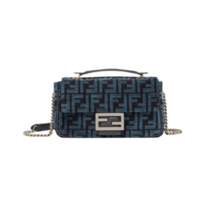 Fendi Baguette Chain Midi Bag in Blue Fabric, 24 cm