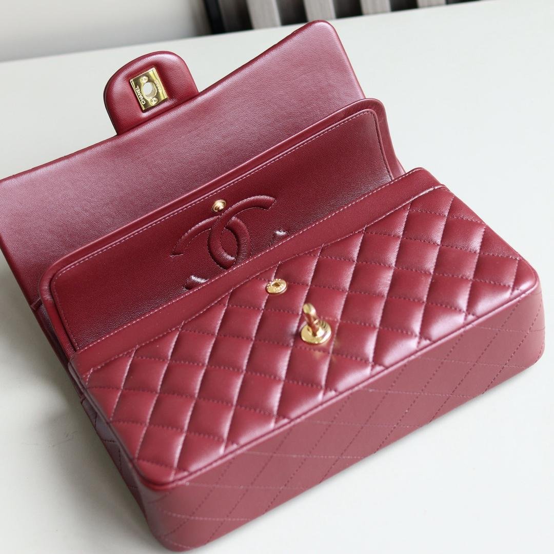 Chanel Classic Double Flap Medium bag in burgundy lambskin leather with gold hardware. - Image 3