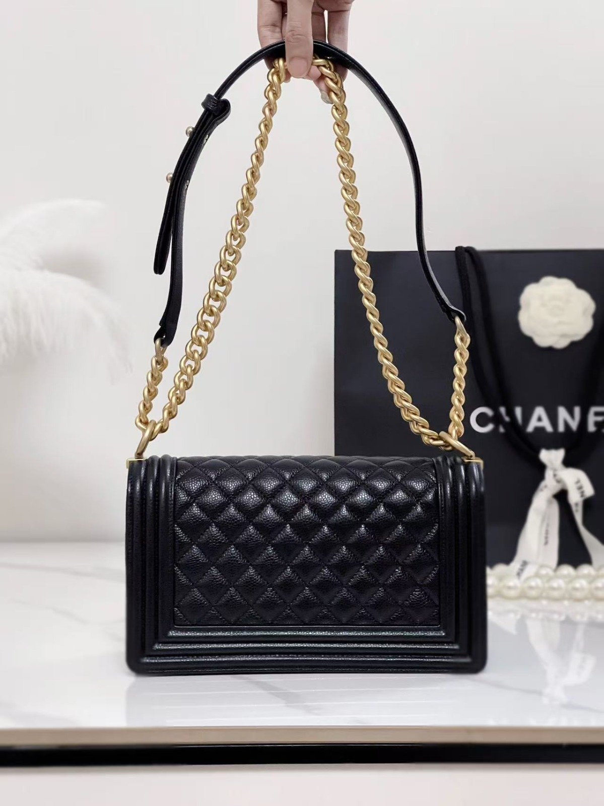 Chanel Boy Mini Bag in Black Leather with Gold Hardware 20cm view 4