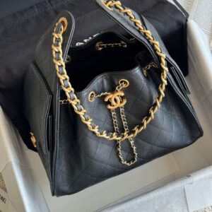 Chanel 25 Drawstring Bucket Bag in Black Leather