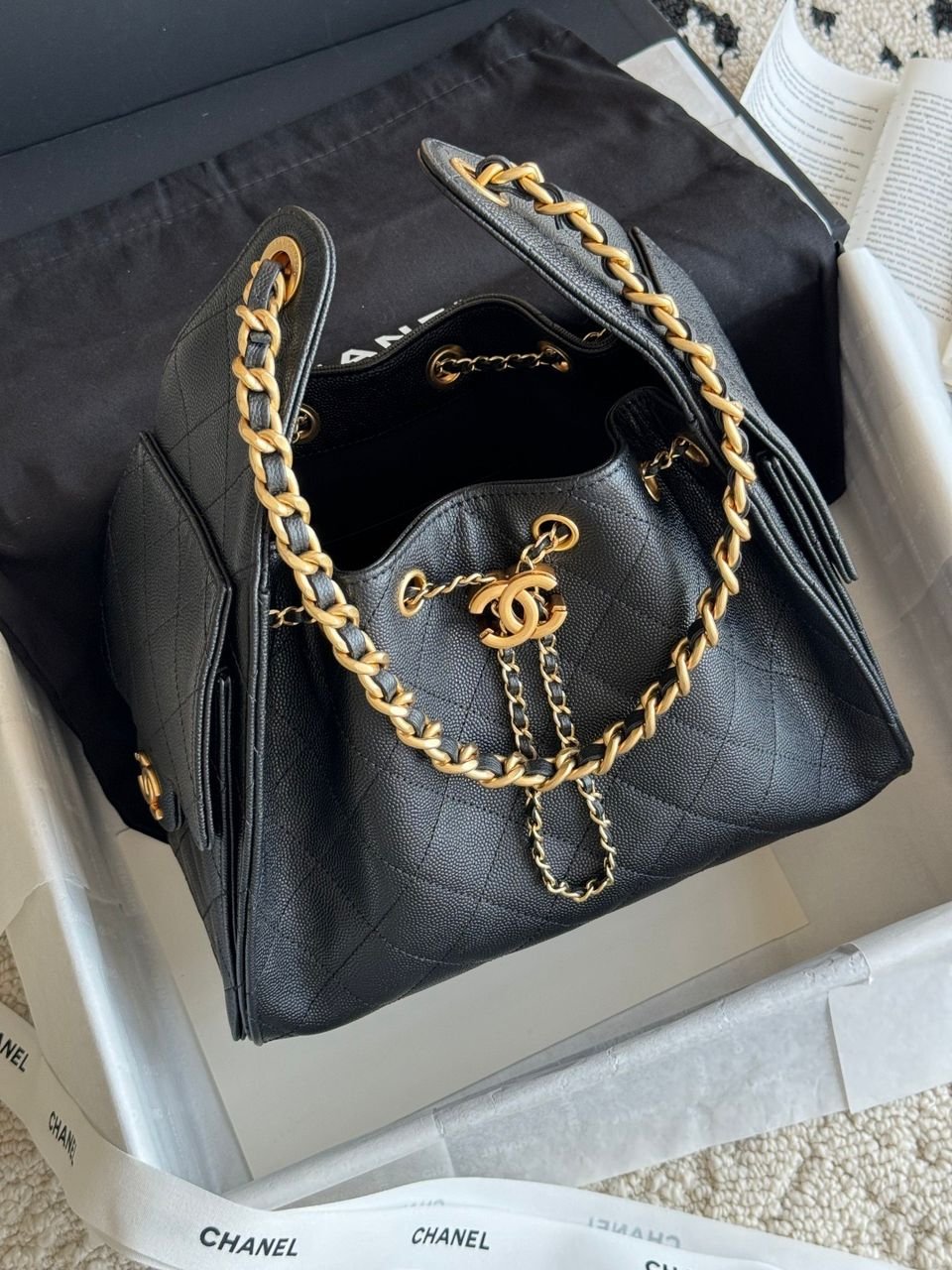 Chanel 25 Drawstring Bucket Bag in Black Leather