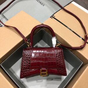 Balenciaga Hourglass Small Bag in Burgundy Crocodile-Effect Leather