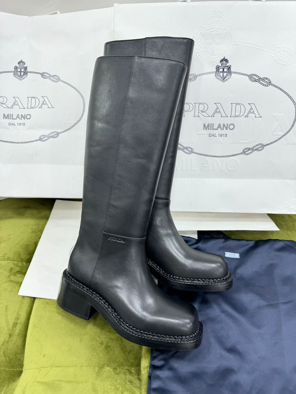 Prada knee-high boots in smooth black leather - Image 2