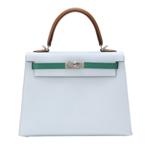 Hermès Kelly 25 bag in blue Epsom leather with green trim