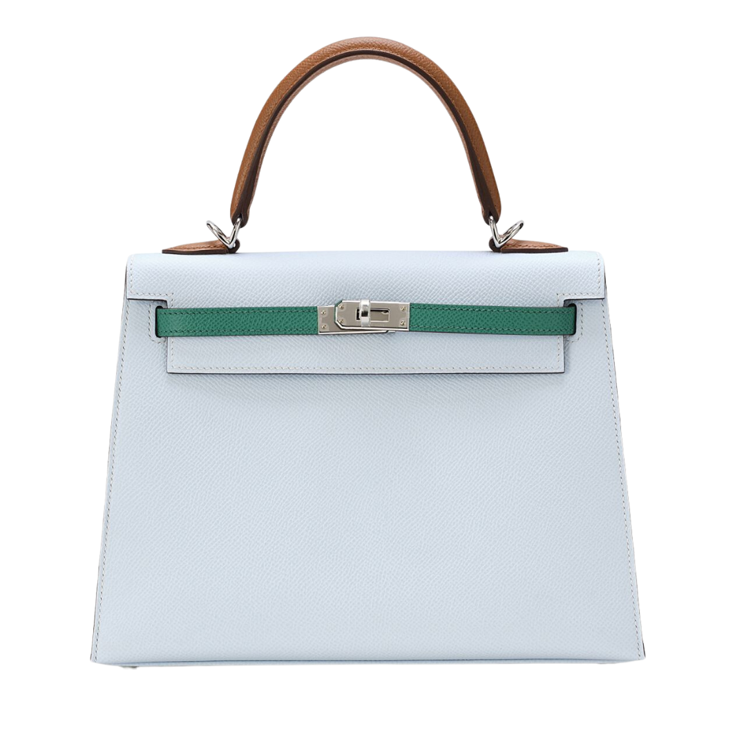 Hermès Kelly 25 bag in blue Epsom leather with green trim
